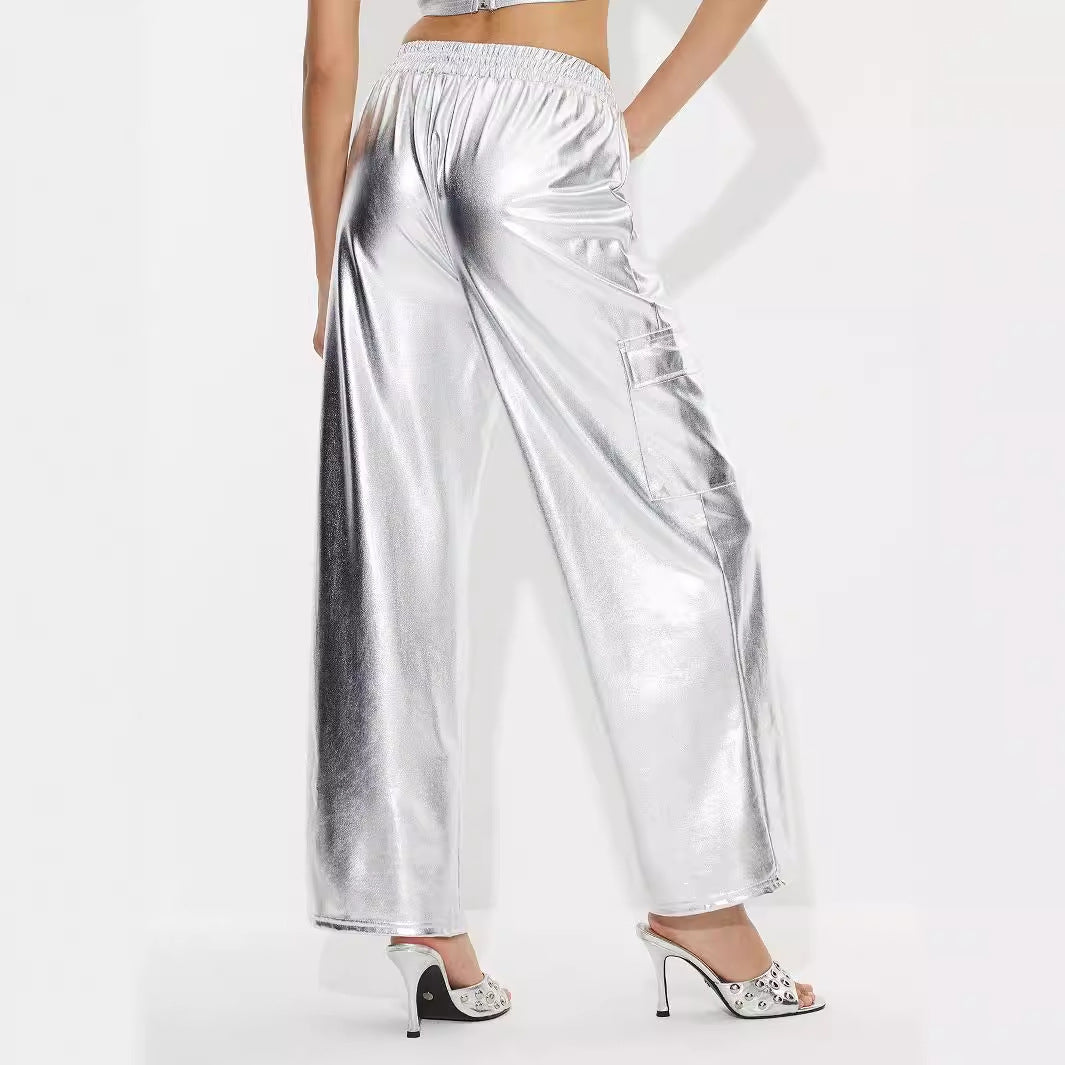 Damen Cargo-Hosen Metallic-Look Elastischer Bund Glänzend