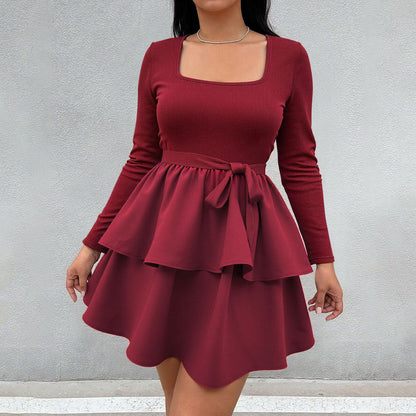 Damen Minikleid Quadratischer Ausschnitt Rüschen Taillenband