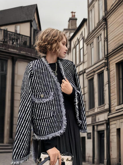 Damen Strickjacke Dekorativ Französische Knöpfe Fransen Braun