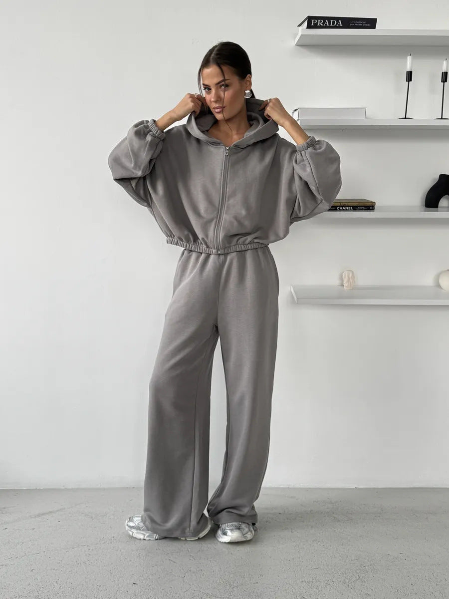 Damen Kapuzen-Sweater Voluminöse Ärmel Jogginghose Bequem Grau