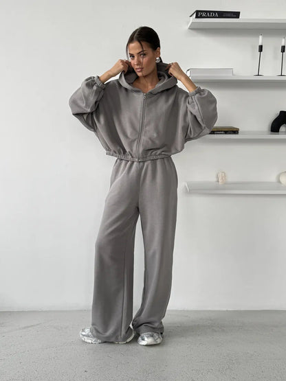 Damen Kapuzen-Sweater Voluminöse Ärmel Jogginghose Bequem Grau