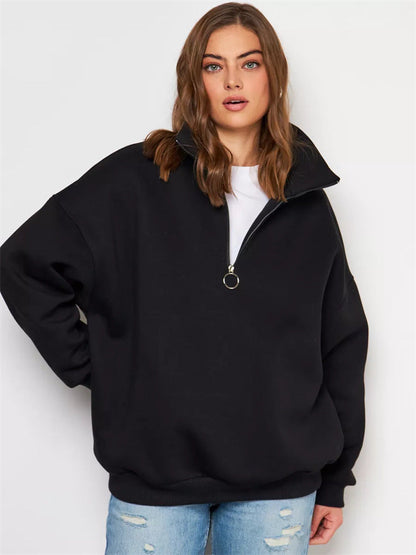 Damen Oversized Kapuzenpullover Hochkragen Reißverschluss