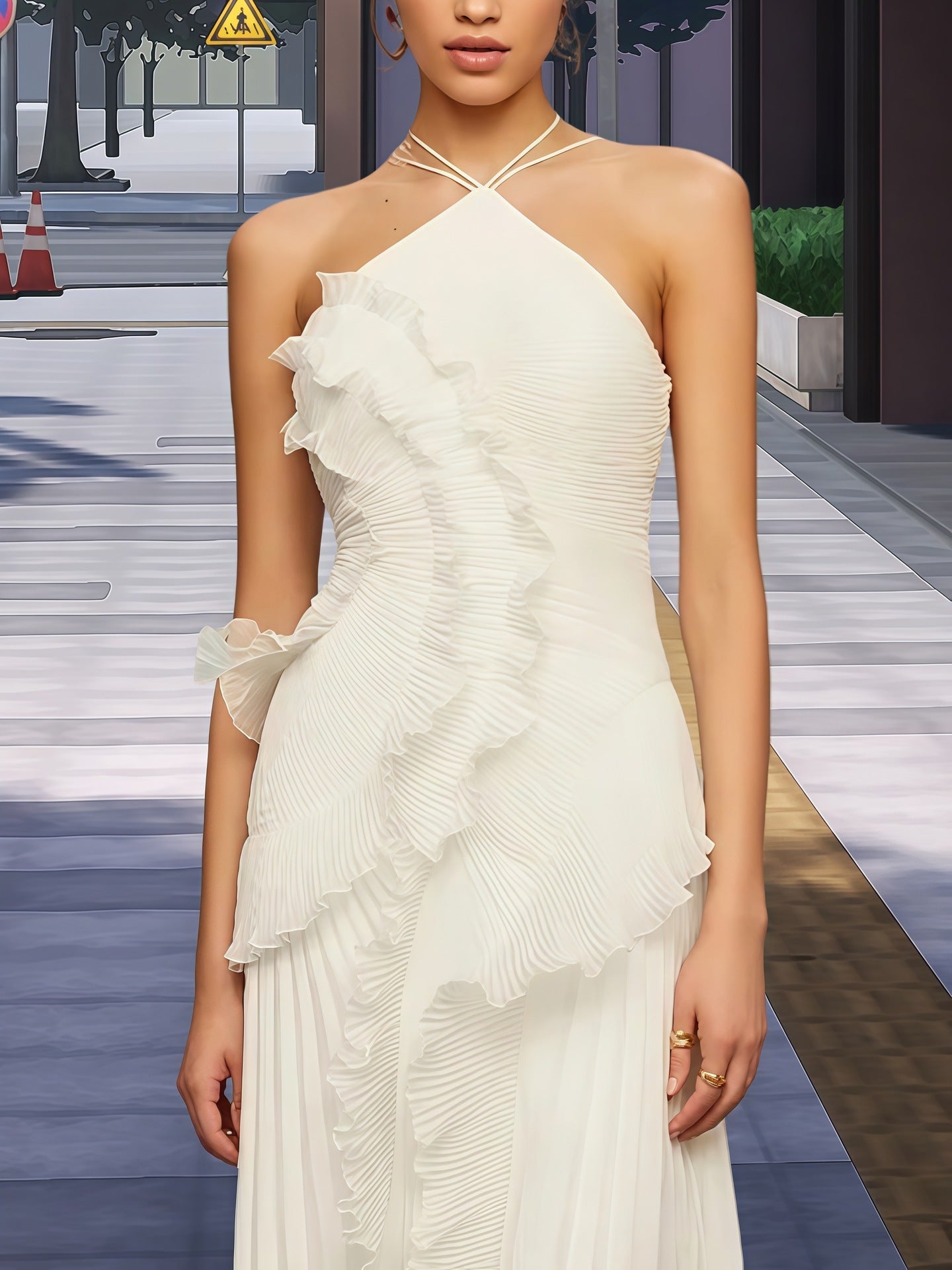 Damen Wickelkleid mit Faltenrock und Rüschendetails Eveloria
