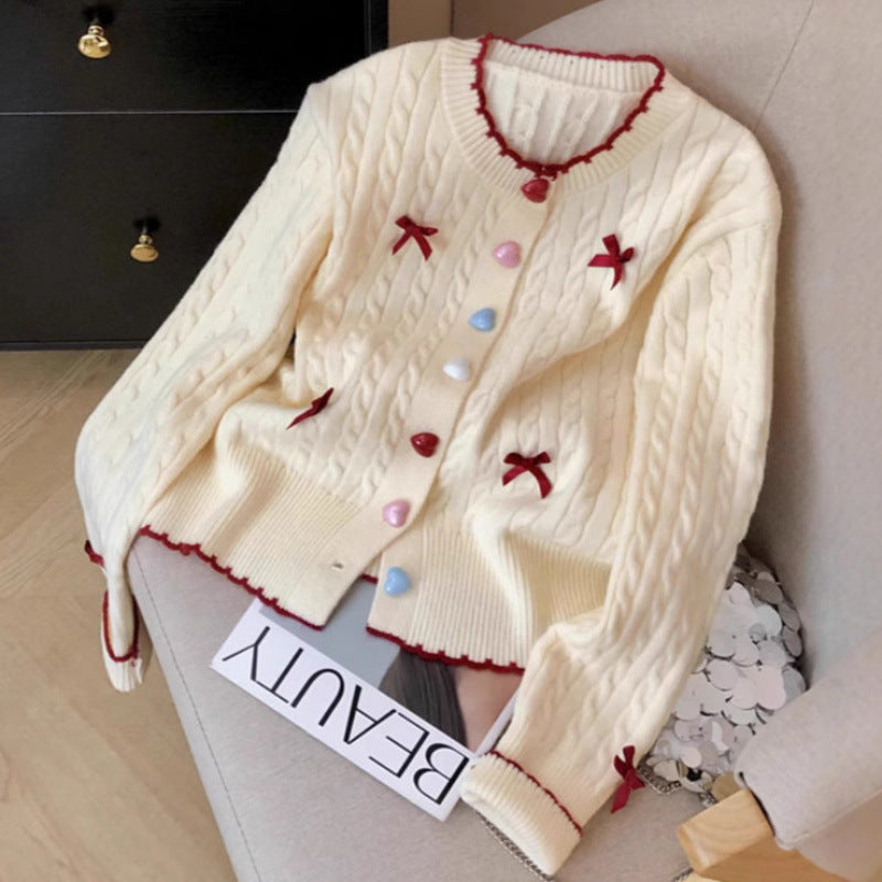Damen Grobstrick Cardigan mit Knöpfen und Schleifen Beige - Eveloria