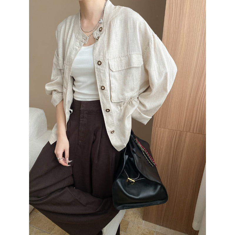 Damen Leinenjacke Lässig Stehkragen Beige