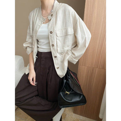 Damen Leinenjacke Lässig Stehkragen Beige