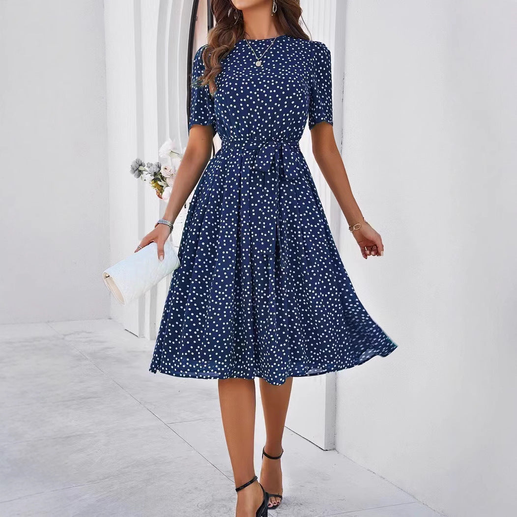 Damen Midikleid mit Punktedesign und Taillengürtel