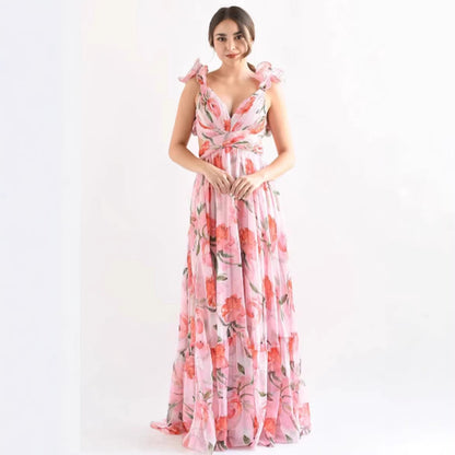 Damen Maxikleid Vintage-Stil Fließender Rock Rüschendetails - Eveloria