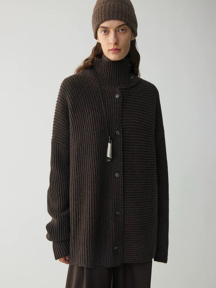 Damen Grobstrickcardigan Hochkragen Knopfleiste Beige