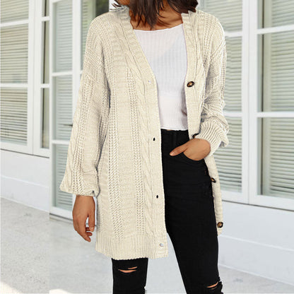 Damen Grobstrick-Cardigan Weite Ärmel Elegante Knöpfe Beige