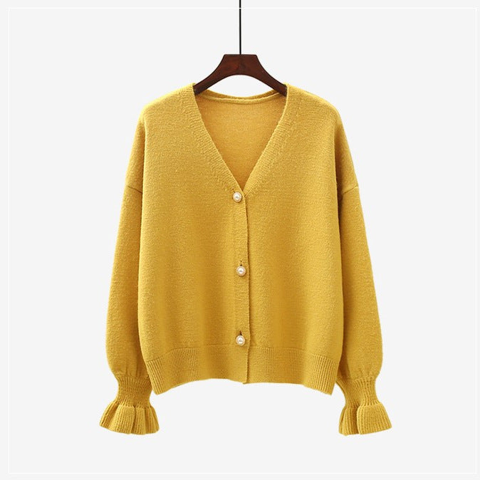 Damen Strickjacke Weit Perlenknöpfe Beige