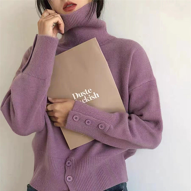 Damen Rollkragenpullover Kuschelfleece Mit Knöpfen Beige