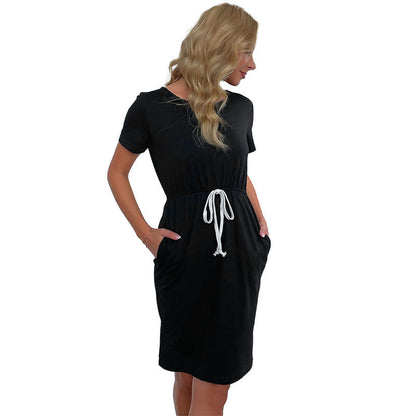 Damen Kurzarmkleid mit Eingrifftaschen und Taillenkordel