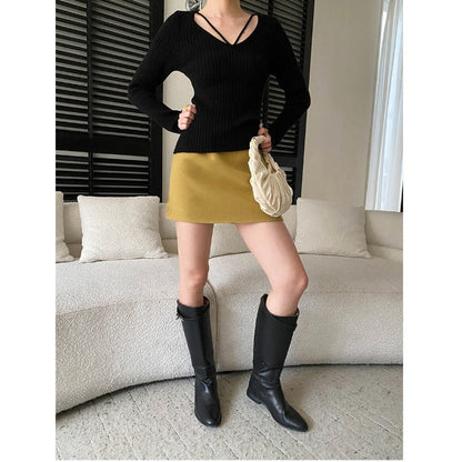 Damen Rippstrickpullover V-Ausschnitt Länge Ärmel Eveloria