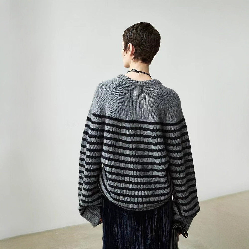 Damen Pullover V-Ausschnitt Streifenmeliert Grau