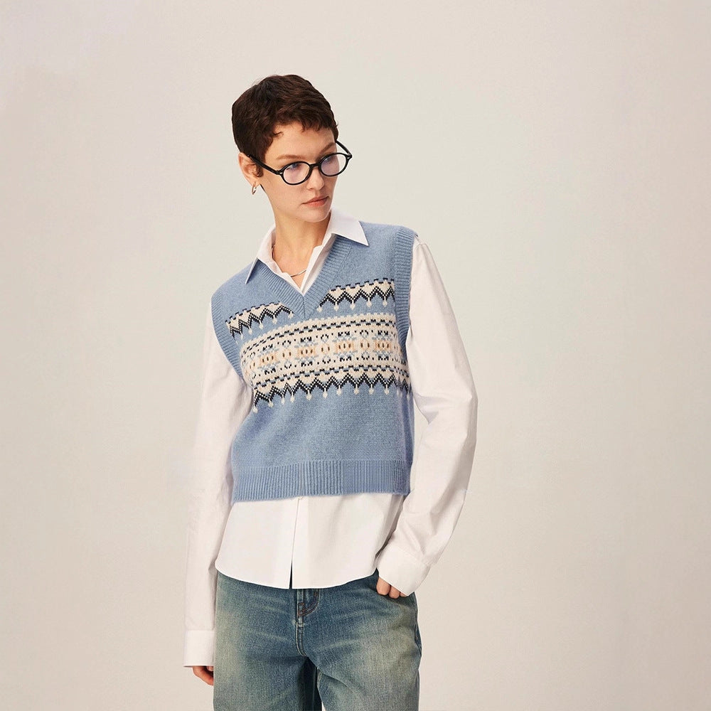 Damen Strickpullover V-Ausschnitt Geometrisches Muster Eveloria