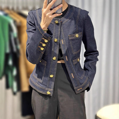 Damen Denimjacke Goldene Knöpfe Blau Eveloria