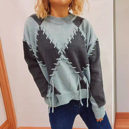 Damen Oversized Pullover Gekreuzte Nähte Grau