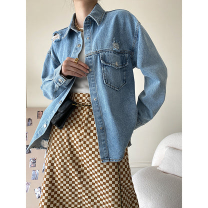 Damen Jeansjacke Used Look Große Taschen Eveloria