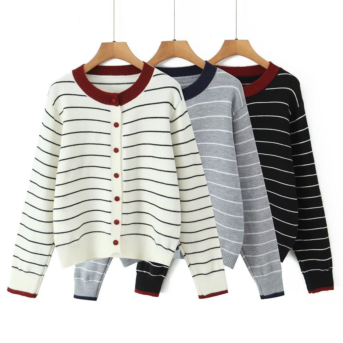 Damen Strickjacke Gestreift Rundhals Knöpfe Eveloria - Eveloria