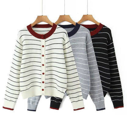 Damen Strickjacke Gestreift Rundhals Knöpfe Eveloria - Eveloria