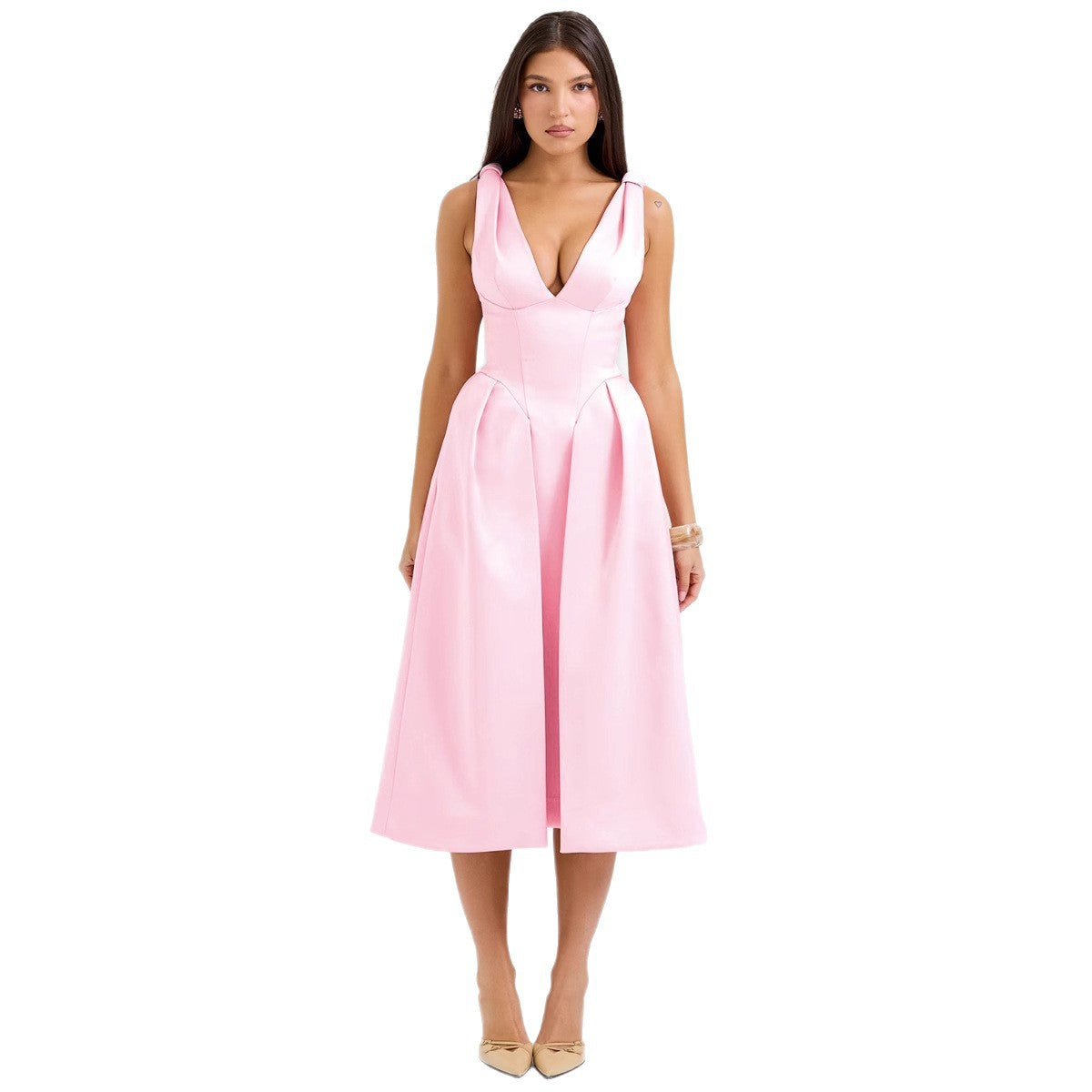 Damen Midikleid V-Ausschnitt Elegant Falten Eveloria