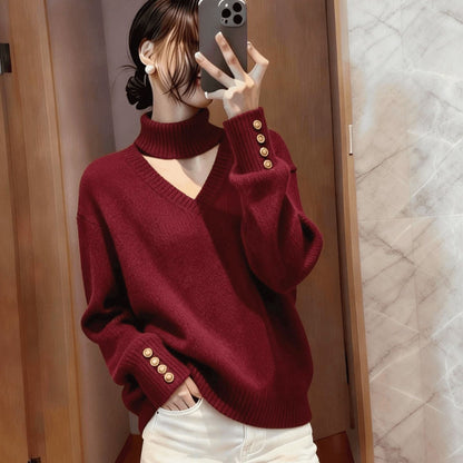 Damen Strickpullover Rollkragen Knöpfe Eveloria