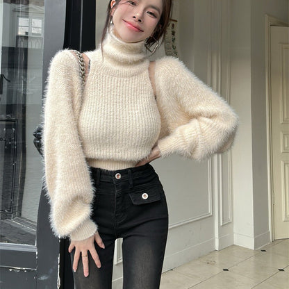 Damen Rollkragenpullover Puffärmel Eveloria