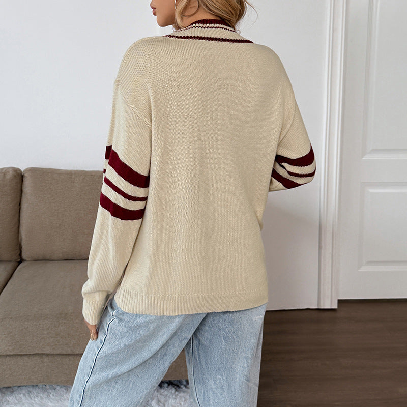 Damen Pullover V-Ausschnitt Kontraststreifen Locker