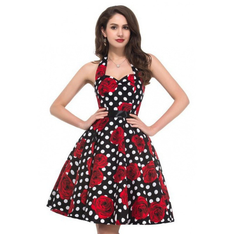 Damen Retro Swingkleid Floralmuster Polka-Dots