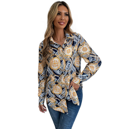 Damen Bluse Langarm Geblümt Knöpfer Kragen Eveloria