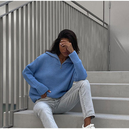Damen Strickpullover Oversized mit Reißverschluss und Stehkragen