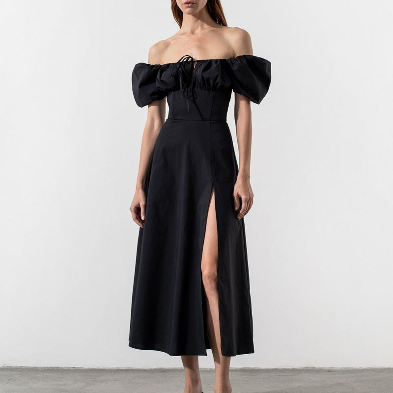 Damen Maxikleid Schulterfrei Puffärmel Eveloria