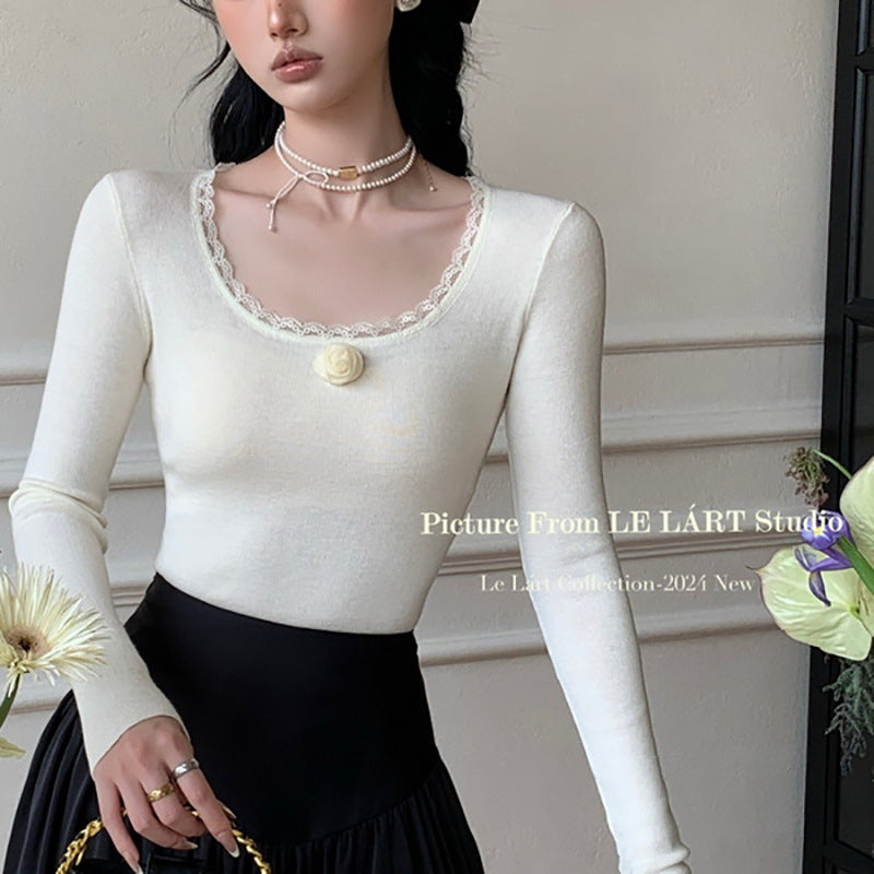 Damen Langarmshirt Spitze Blume Weiß