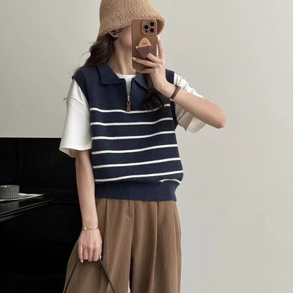 Damen Strickpullover Reißverschluss Streifenmuster Eveloria