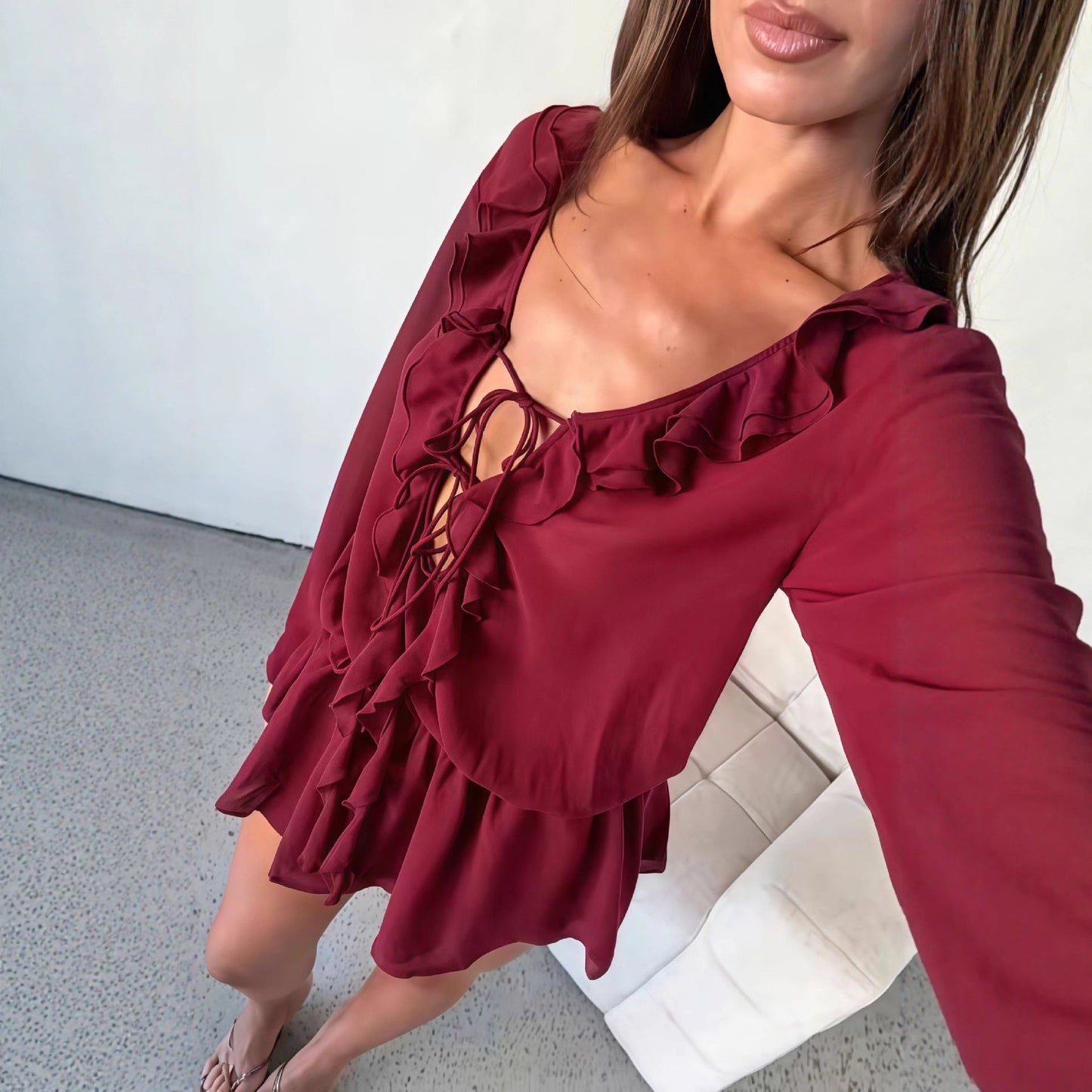 Damen Chiffonbluse Rüschendekoration V-Ausschnitt