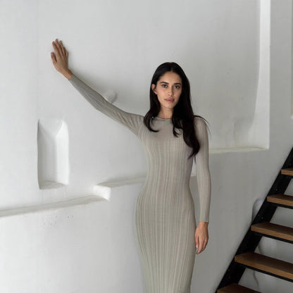 Damen Maxikleid Rippstrick Langärmelig Figurbetont Eveloria
