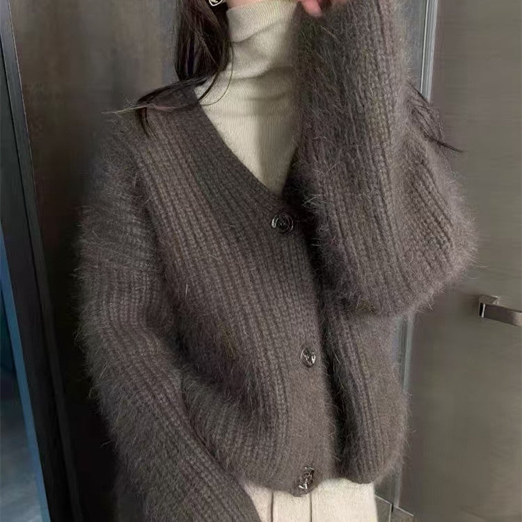 Damen Strickjacke Flausch Lässiger Schnitt Beige