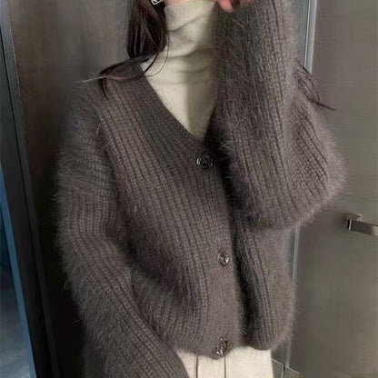 Damen Strickjacke Flausch Lässiger Schnitt Beige