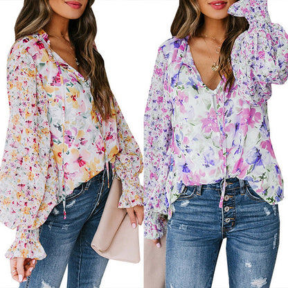 Damen Bluse mit weiten Ärmeln Floral Muster Eveloria