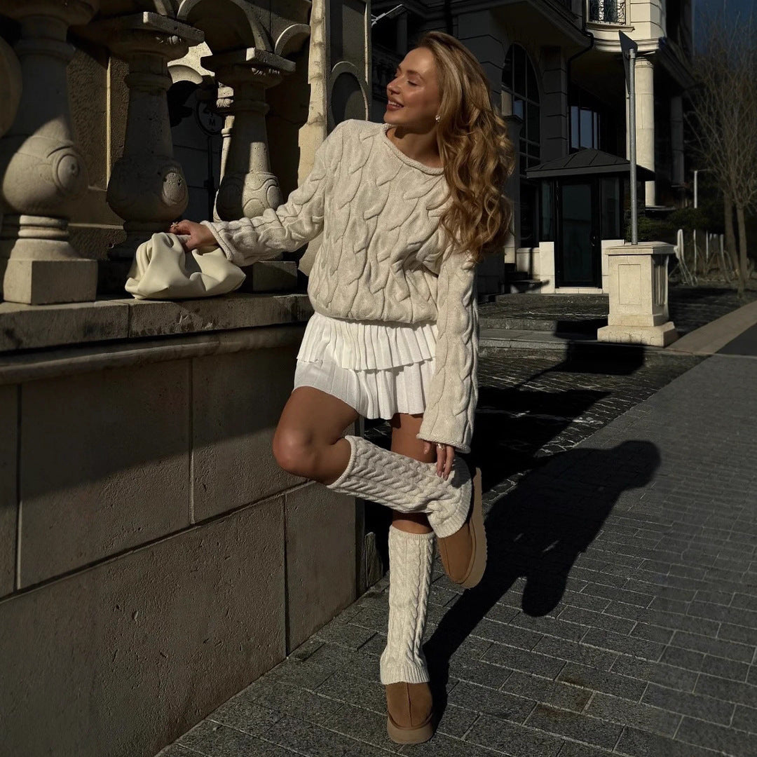 Damen Pullover Grobgestrickt Zopfdesign Beige - Eveloria