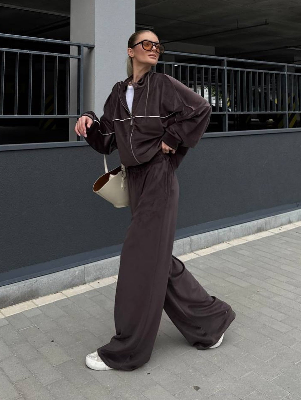 Damen Velours-Loungewear-Anzug Weiter Schnitt Elastischer Bund
