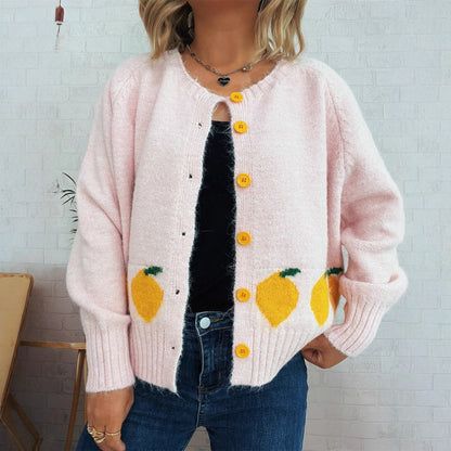 Damen Strickjacke Zitronen-Motiv Bunt Knöpfe Eveloria
