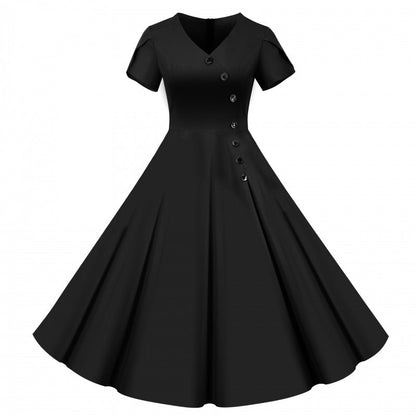 Damen Swingkleid V-Ausschnitt Knöpfe Weit Rock Eveloria