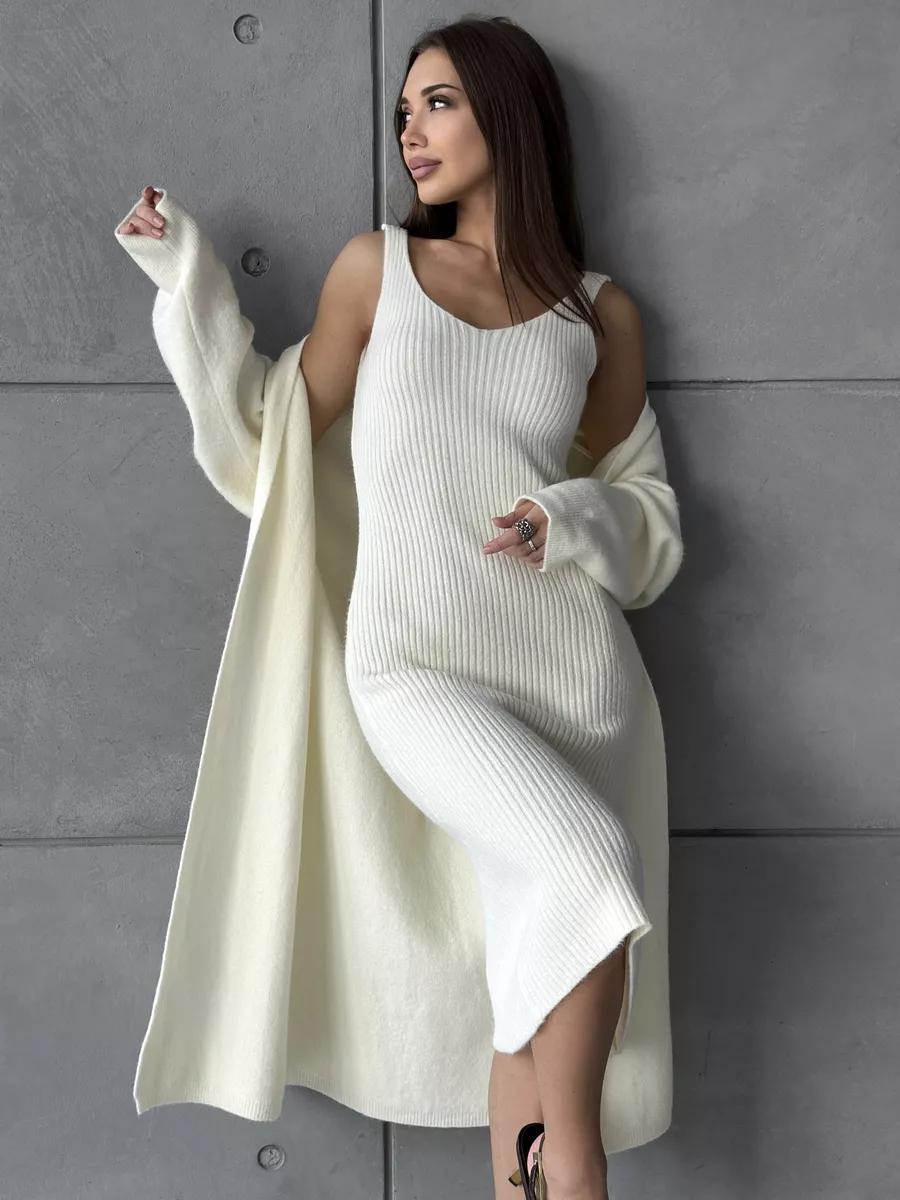 Damen Strickkleid V-Ausschnitt Länges Schnitt