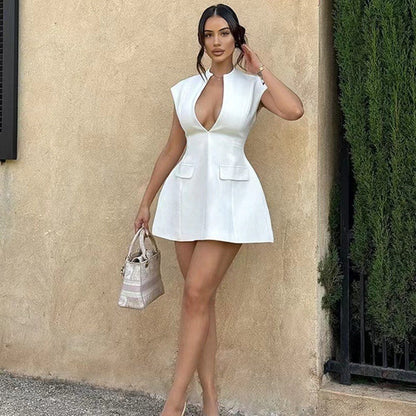Damen Kurzkleid V-Ausschnitt mit Taschen Eveloria