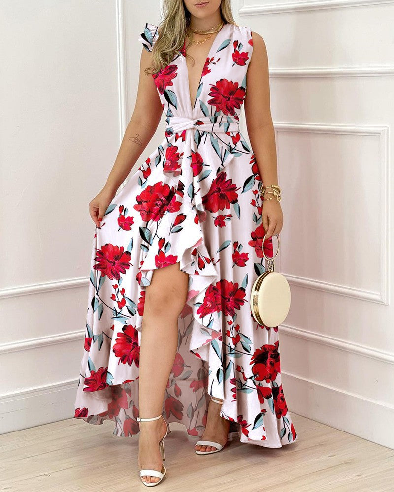 Damen Maxikleid Palmenmuster V-Ausschnitt Eveloria