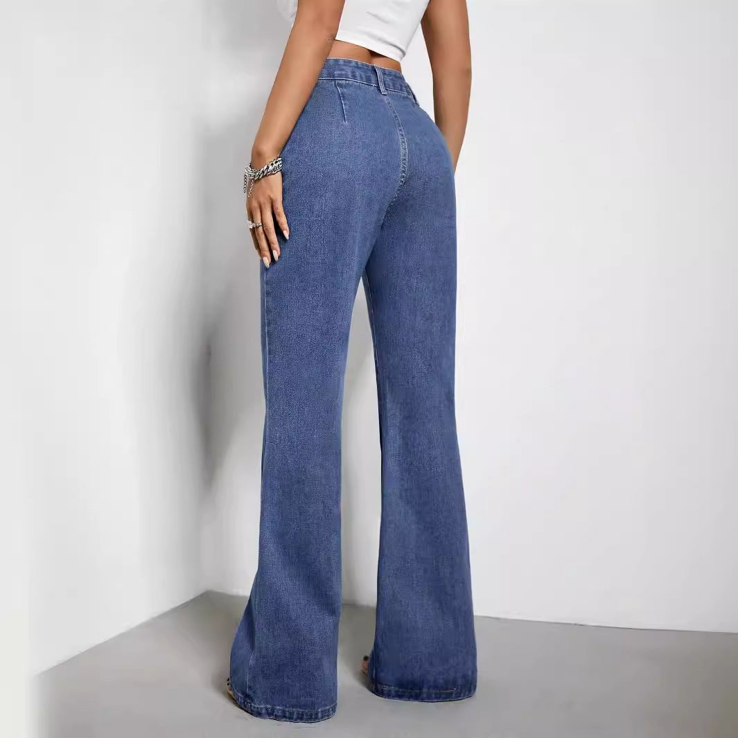 Damen High-Waist Jeans Weite Passform Seitentaschen Lässig Blau