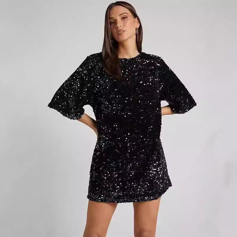 Damen Pailletten-Kleid Lockere Ärmel Rundhalsausschnitt Schwarz - Eveloria