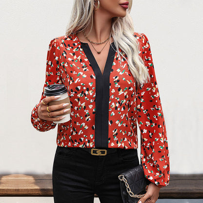 Damen Langarmbluse Florales Muster V-Ausschnitt Elegant
